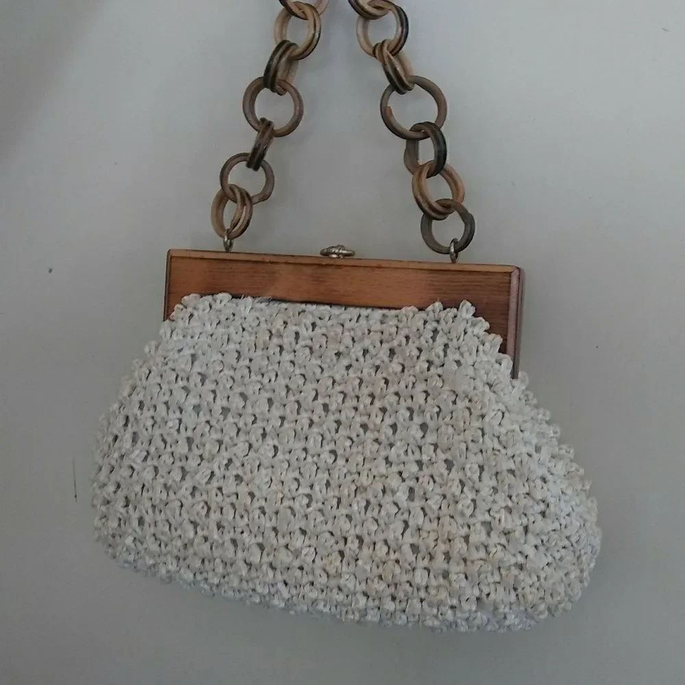 Vintage Crochet Purse with Wood Frame and Handle
